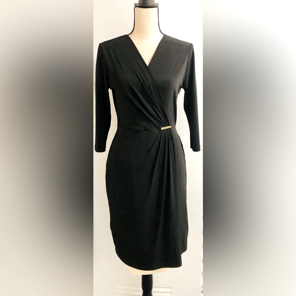 Like New Gold Embellished Calvin Klein, Long sleeve, V-neck Dress